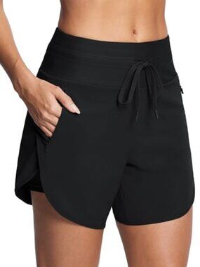 Iseegz Women's Black High-Waisted Curve Quick Dry Swim Board Shorts Size 3XL